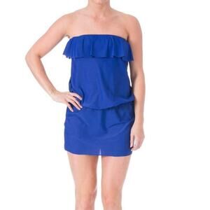 New Eco Swim Women Blue Ruffled Strapless Mini Dress Swim Cover Up Size L